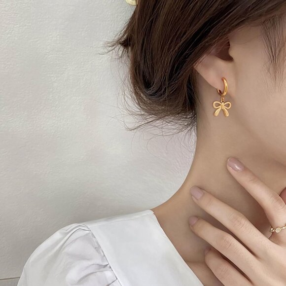 Gold Bow Hoop Earrings Delicate 14K Gold Plated Silver Jewelry for Women - Picture 8 of 8